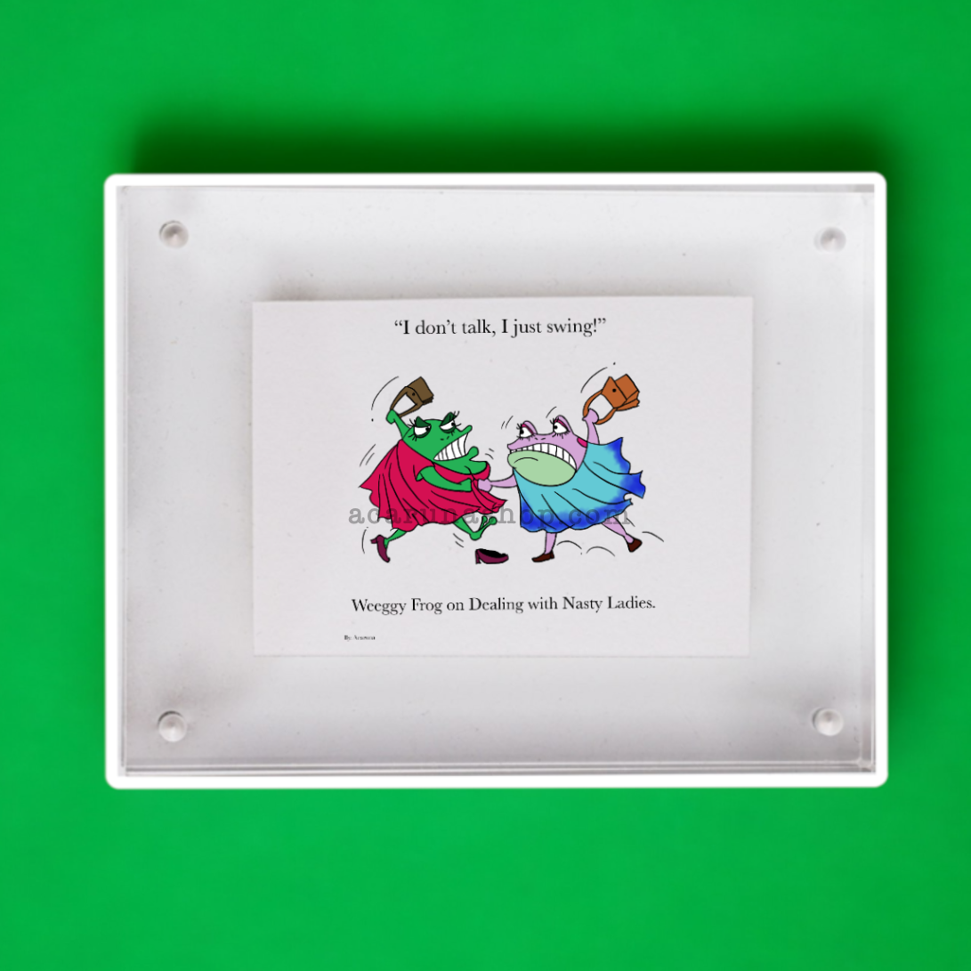 Acaruna's WEEGGY The Frog's digital art printed on items in low resolution examples preview.